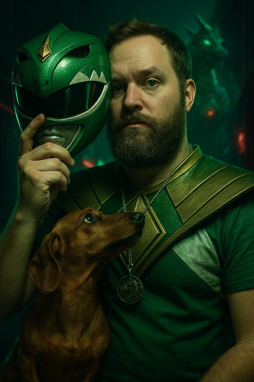 Man in green superhero costume holding a dog, wearing a green mask with a gold emblem.