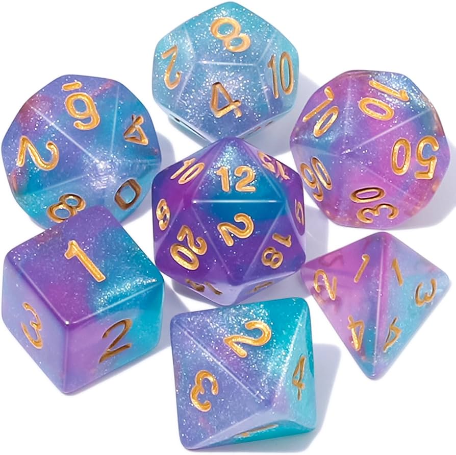 Set of colorful polyhedral dice with gold numbers on a white background