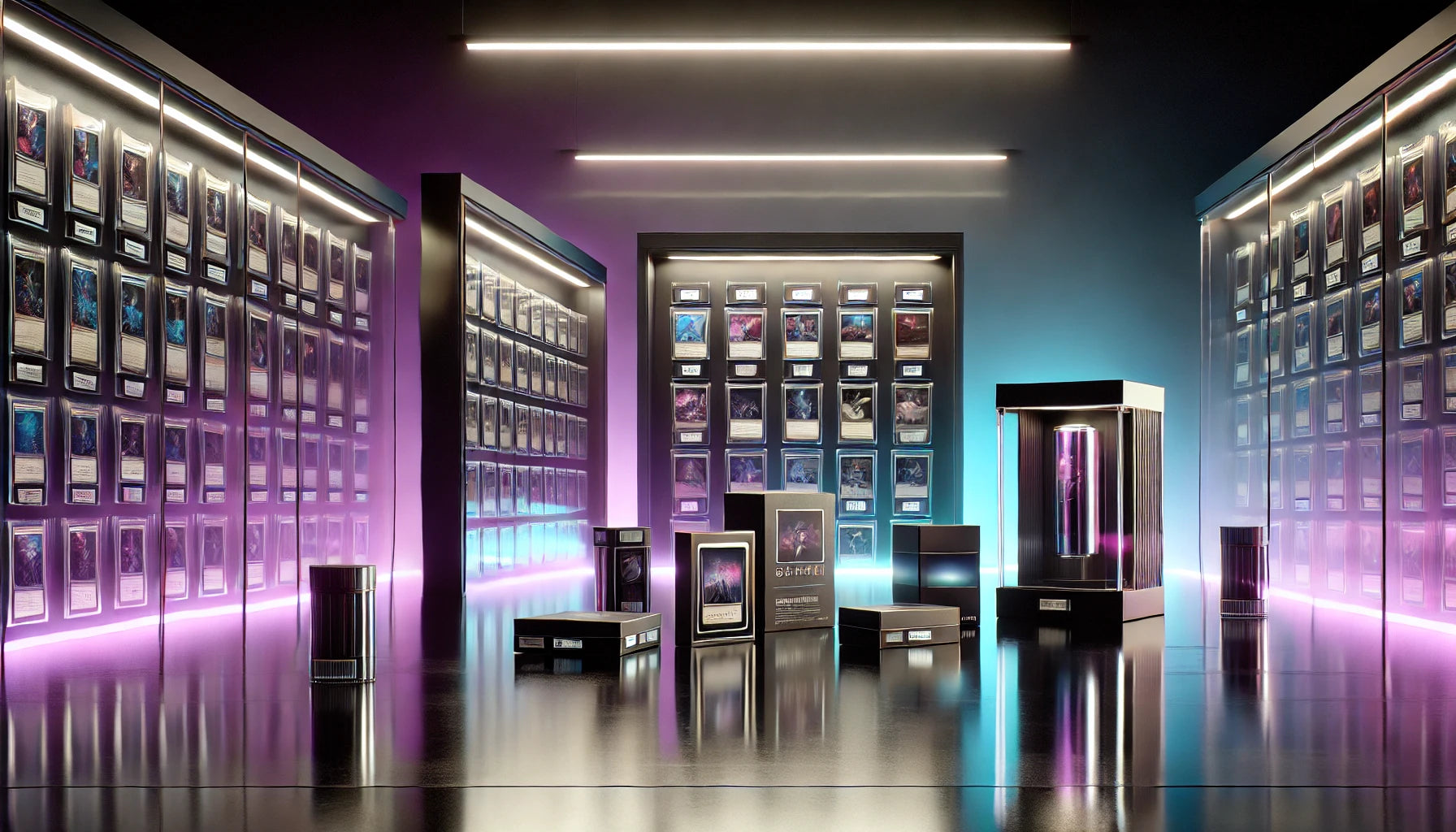 Modern interior with shelves displaying various items under colorful lighting