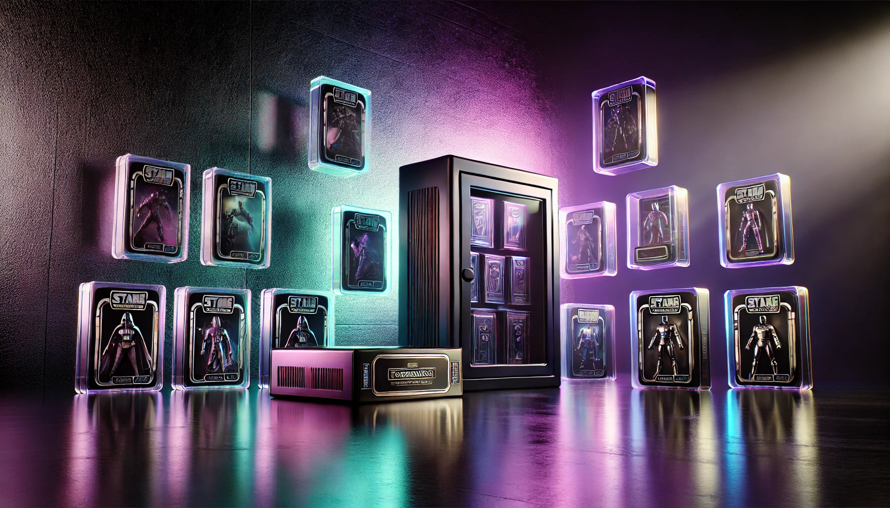 Collection of Star Wars action figures in packaging on a dark background with colorful lighting.